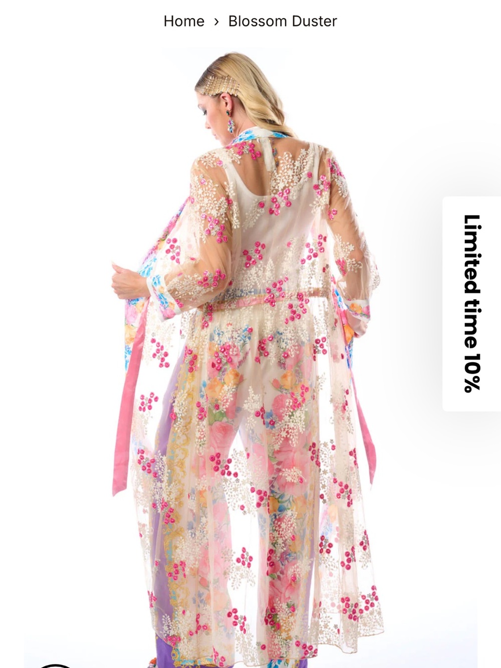 Aratta Blossom Floral Sheer Duster with Pink Sash - Picture 12 of 12